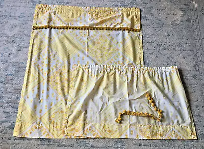 Vintage Cafe Tier Curtain & Topper Set Yellow Gold Floral W/ Pom-Poms Handmade • $24