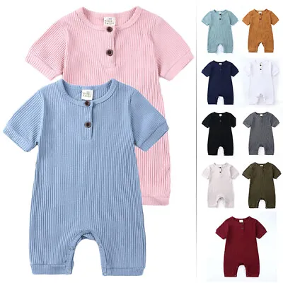 Newborn Baby Boy Girls Jumpsuit Romper Short/Long Sleeve Bodysuit Clothes Button • £10.59