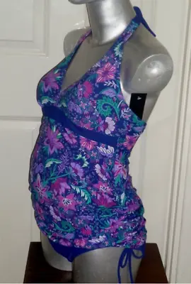 NEW Ladies Blue Floral Tankini Style Maternity Ruched Swimsuit With Bust Support • £14.99