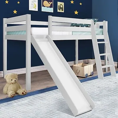 Kids Bunk Beds 3FT Wooden Bed Frame Mid Sleeper With Slide And Ladder Cabin Bed • £139.95