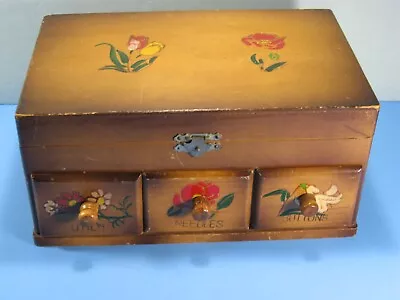 Vintage Wooden Sewing Notions Organizer Hand Painted Thread & Pin Cushion • $22.50