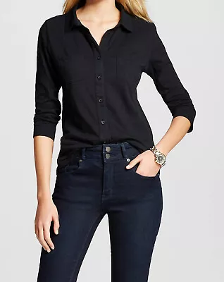 NWT Merona Fitted Slim Black 3/4 Sleeve Button Up Collared Slub Top Shirt XS • $10