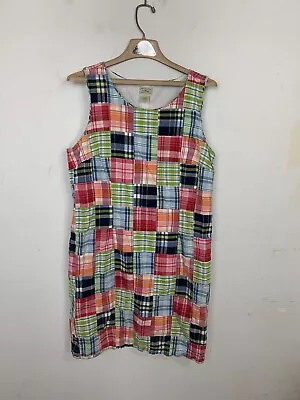 LL Bean Womens Dress 14 Madras Plaid Patchwork Sleeveless Sheath Preppy Casual • $32.95