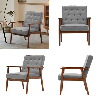 Linen/PU Single Armchair Cushioned Lounge Chair Wood Metal Living Room Furniture • £39.95