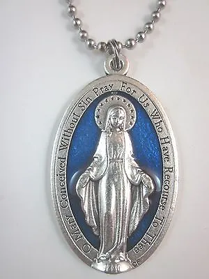 XL Miraculous Medal Blue Enamel 1 3/4  Italy Pendant Necklace 24  Ball Chain • $16.95