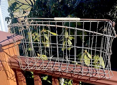 Vintage Woven Metal Wire Storage Basket Handle Folk Art Farmhouse Tote Crate • $28