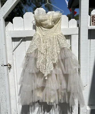 1950s Lace Tulle A Line Dress Sweetheart Strapless Full Tiered Skirt Crinoline • $280