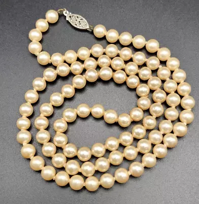 Vintage Pearl Necklace Hand Knotted Stainless Filigree Clasp Single Strand 23” • $46.28