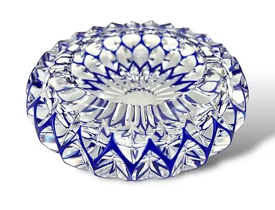 Bohemian Cobalt Blue Cut To Clear Crystal Ashtray/Trinket Dish • $45