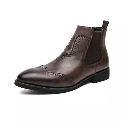 Men's High-top Faux Leather Carved Non-slip Pointed Toe Ankle Boots Casual Shoes • $57.95