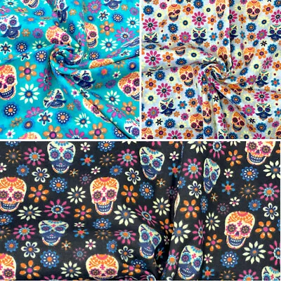 £2.50 • Buy Polycotton Fabric Mexican Candy Skulls Moustache Floral Flowers Gothic Halloween