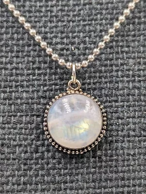 Vtg Sterling Silver Rainbow Moonstone Pendant 16  Bead/Ball Chain 925 Necklace • $45.99