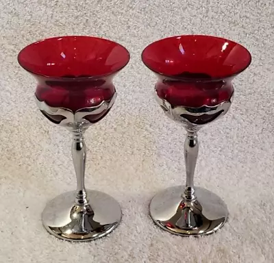 Rare Ruby RED Cambridge Farber Ware Cocktail Shot Liquor 6  Stem Art Deco Chrome • $37