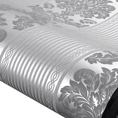 Luxury Silver Glitter Damask Wallpaper Roll Embossed Non-Woven Wall Paper Decor • £9.95