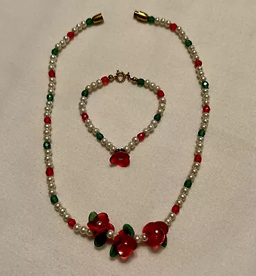 $19.99 • Buy Vintage Necklace Bracelet Set Little Girl Jewelry Red Floral Green White Beads