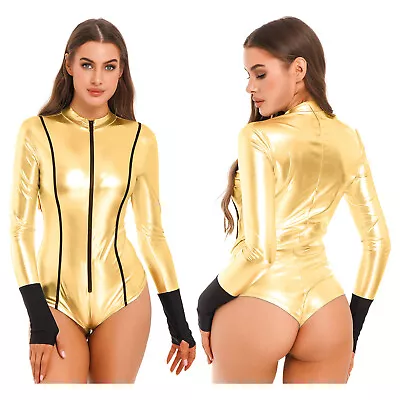 US Womens Jumpsuits Bodycon Catsuit Metallic Leotard Nightclub Bodysuit Shiny • $13.61