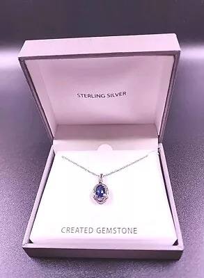 Blue Sapphire Lab Created Pendant With 925 Sterling Silver Rope Necklace IOB • $26.50