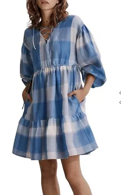 Country Road Size 12 Lace Front Dress Blue & White Check Ramie Fabric • $45