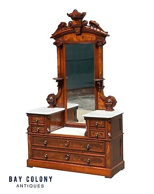 Antique Victorian Burled Walnut Marble Top Dresser With Fine Shell Carved Mirror • $2568