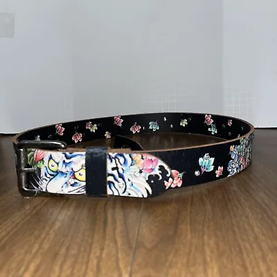 Ed Hardy Tiger Flower Chrystal Studded Black Colorful Leather Belt M NWOT! • $49.99