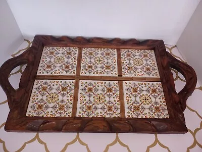 VTG Carved Wood Mexican Tile Tray W/Handles Orange/Green/Yellow Folk Art 70s • $30