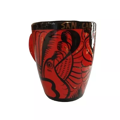 Mexican Pottery Mug Bird Red Black Gold Glitter Sparkly San Carlos Sonora • $12