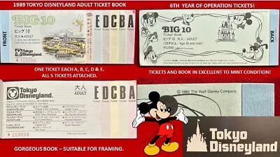 1989 TOKYO Disneyland A B C D E ADULT Big 10 Ticket Book 5 TICKETS ATTACHED G4 • $89.89