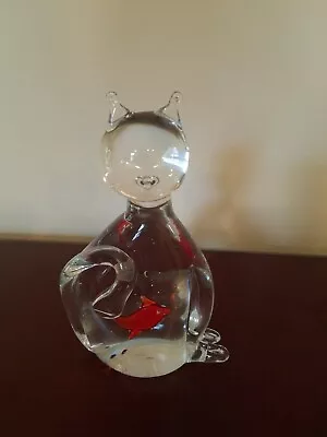 Murano Style Art Glass Clear Glass Cat Paperweight Glass Cat WIth Fish In Belly • $19.99