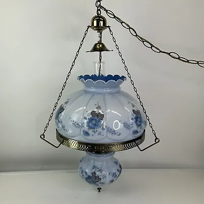 MCM Vintage Swag Blue Hurricane Floral Hand Painted Lamp Light 2 Way Unusual • $248.77