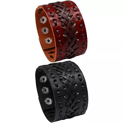 Men's Punk Rock Wide Genuine Leather Braided Cross Bracelet Cuff Wristband Gift • $12.99