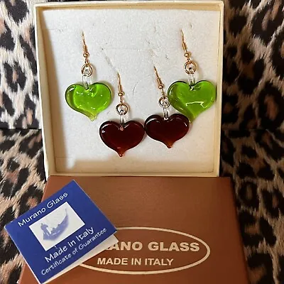 Murano Glass Heart Earrings - 2 Pairs- Made In Italy Certificate Boxed • $43.15