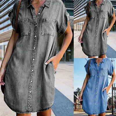 Causal Womens Denim Button Up Shirt Dress Long Sleeve Jeans Kaftan Maxi Dress UK • £10.33