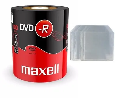 100 Genuine Maxell DVD-R 16x 4.7GB DVD Discs Shrinkwrap  Plus 100 X DVD Sleeves • £22.95
