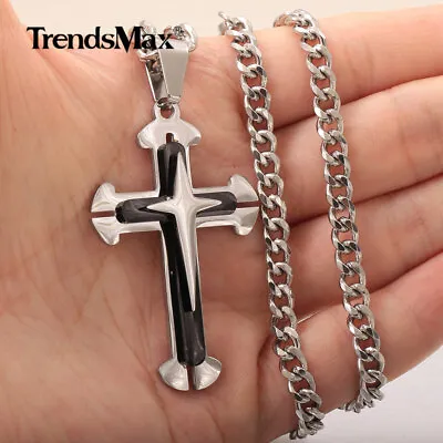 Mens Stainless Steel Cross Pendant Necklace 5MM 18 -30  Silver/Black Cuban Chain • $10.44