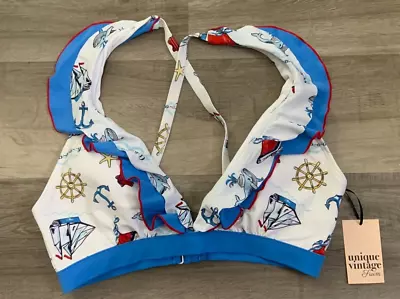 Unique Vintage Plus Size Nautical Print Ruffle Swim Suit Top 3XL XXXL • $34.99