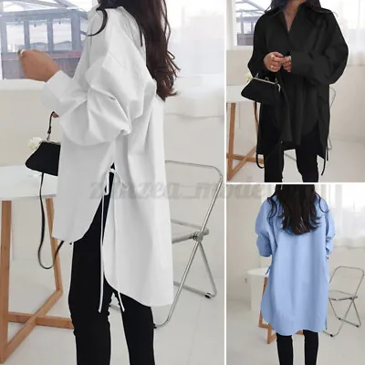 Womens Long Sleeve Casual Loose Baggy High Low Shirt Split Hem Tunic Tops Blouse • $39.13