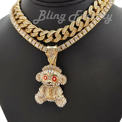 38 BABY Young Boy Monkey Pendant 18  1 Row Tennis & Cuban Choker Chain Necklace • $16.99