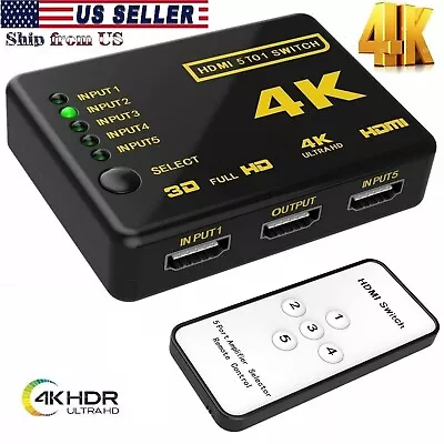 5 Port 4k 1080p Auto Switch Selector Hdmi Splitter Hub Remote Hdtv (5 In 1 Out) • $10.99