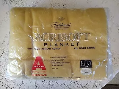 VTG Fieldcrest Acrisoft Blanket Mustard Acrylic Nylon Trim Double Size 80X90 NOS • $55.99