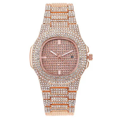 Hip Hop Bling Full Diamond Rhinestone Watch Women Men Steel Strap Wrist Watches • £10.58