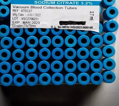 Vacuum Blood Collection Sodium Citrate Light Blue 13x75mm 2.7mL 100 Pcs • $88.11