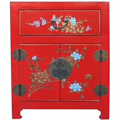 New Chinese Red Bedside Table - Hand Painted Flowers And Birds (BC-M12R-FL) • $368