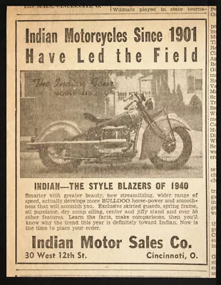 1940 INDIAN FOUR 1st Model 440 DUESENBERG OF MOTORCYCLES Vtg Newspaper Print Ad • $18.14