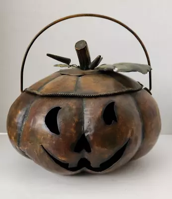 Large Metal Jack O Lantern Halloween Handled Decorated Lid Pumpkin Basket 9 X13  • $45