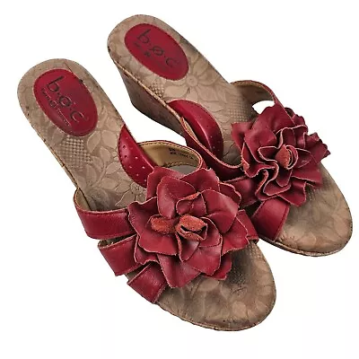 BOC Sandals Womens Size 8 Born Concept Coral Leather Flower Shoes Wedge Heel • $19.72