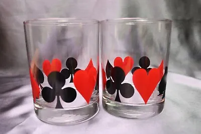 Vintage Set Of 2 Old Fashioned 4   Glasses Playing Card Symbols Poker Barware • $11.30