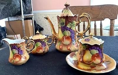 Lefton China Heritage Brown Fruit 8 Piece Teapot & Jam/Jelly Set Vintage • $129