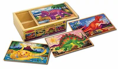 Melissa & Doug Wooden 4-In-1 Jigsaw Puzzles DINOSAURS Storage Display Box New • $17.59