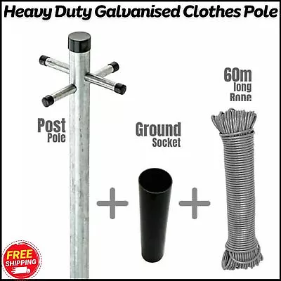 Heavy Duty Galvanised Clothes Pole Ground Socket & 60m Nylon Washing Line • £6.49
