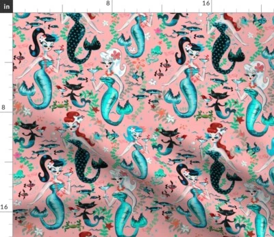 $12 • Buy Martini Mermaids Coral Vintage Mermaid Retro Spoonflower Fabric By The Yard